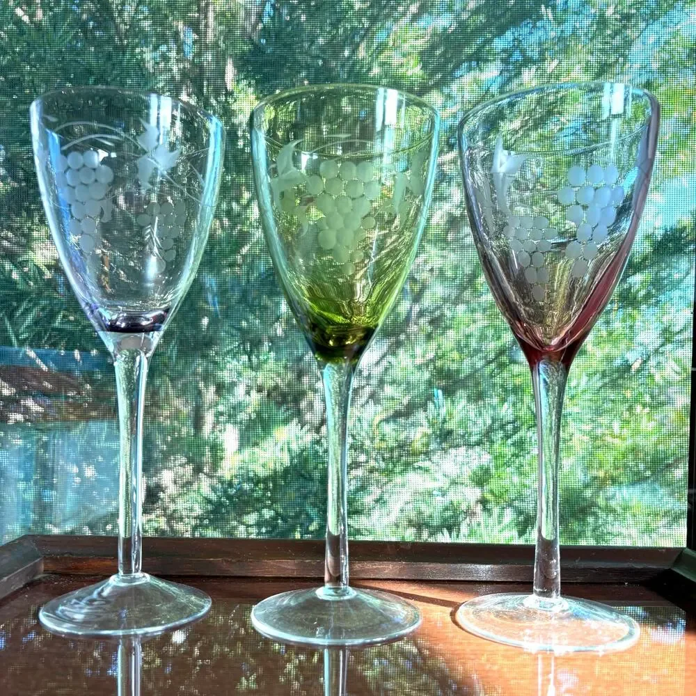 Hand Blown Wine Glasses Green & Purple Etched Grape Set of 3